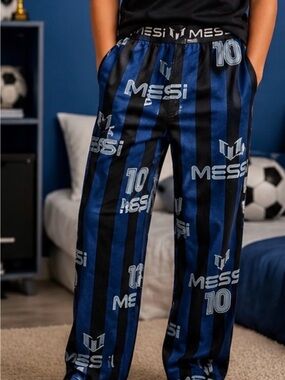 Messi Kids Black & Blue Striped Soccer Lounge Pants